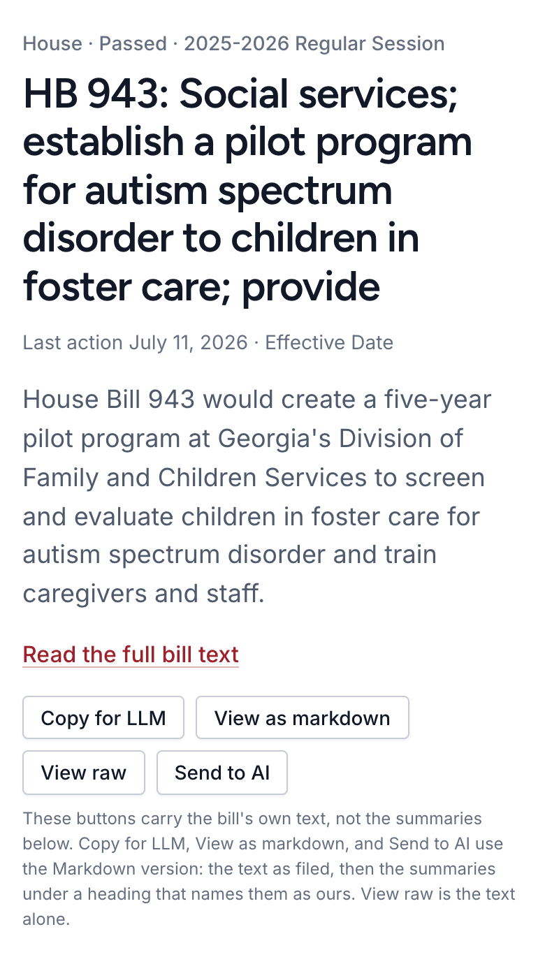 The Georgia Commons page for House Bill 943 of the 2025-2026 session: its title, its status, and a plain-language summary saying the bill would create a five-year pilot program at Georgia's Division of Family and Children Services to screen children in foster care for autism spectrum disorder.